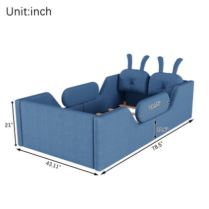 KEIKI Twin Size Upholstered Platform Bed, Kids Floor Bed Frame with Rabbit Shaped Cushion, Cute Bed Frames Twin for Boys Girls, Safety Rails & Wooden Slat, No Box Spring Required, Easy Assembly, Blue