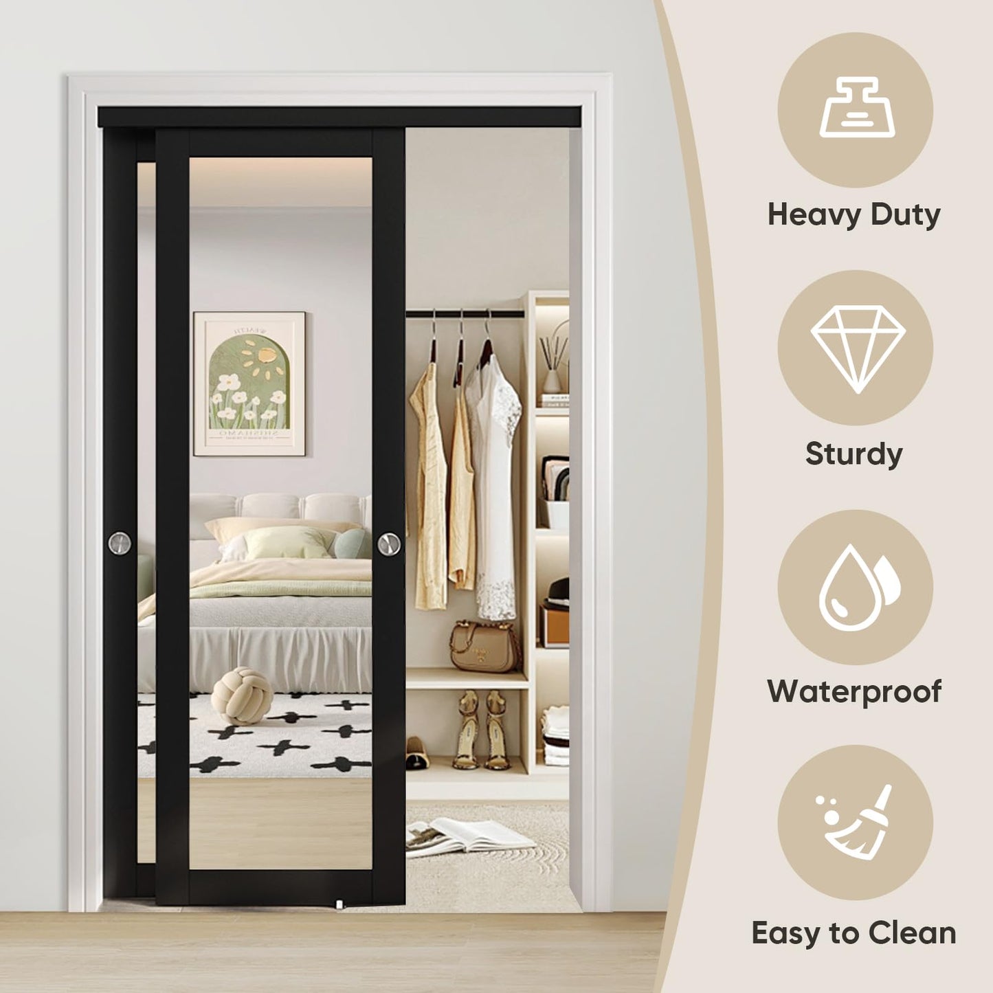 JUBEST 48" x 80" Mirror Closet Door, Preassembled One Side Mirror Door with Hardware Kit & Matching Fascia, Solid Wood Frame with Water-Proof PVC Surface, Easy to Install, Black