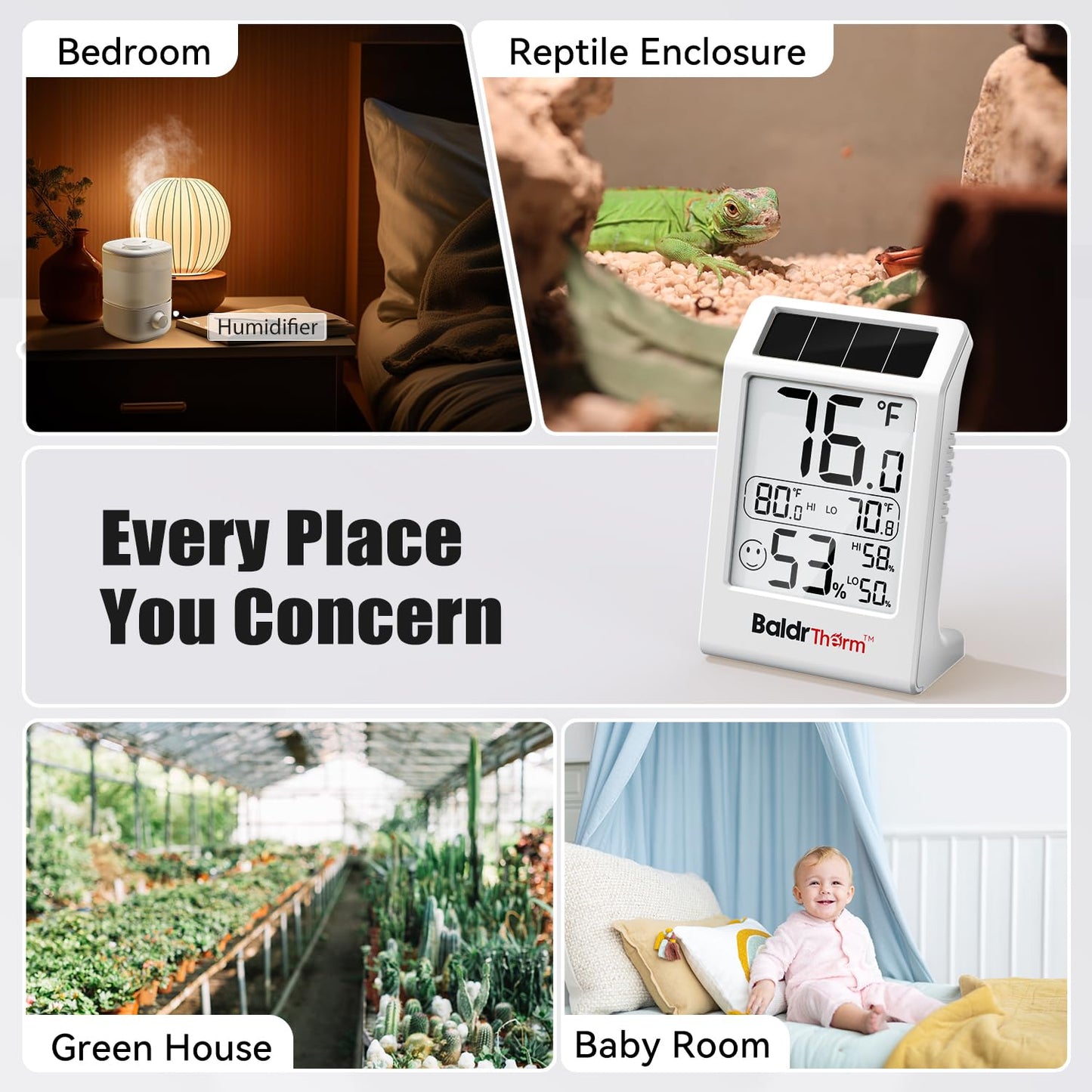 3.2'' 1Pack BaldrTherm Room Thermometer Indoor Humidity Meter, Solar-Powered Digital Temperature Sensor Monitor