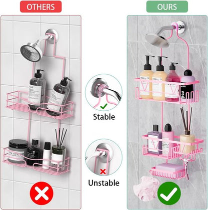 DAOYA Hanging Shower Caddy - Anti-Swing Organizer With 2 Soap Holders & Multi Hooks | Rustproof Pink Bathroom Accessory