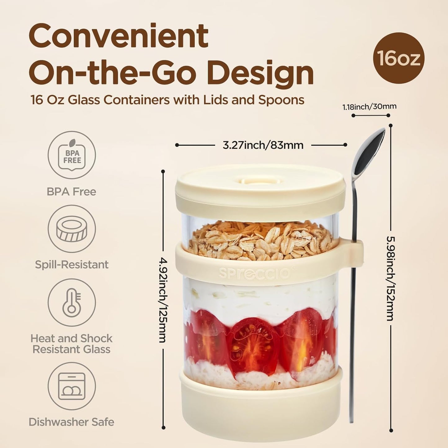 16 oz [2 Pack], Glass Overnight Oats Containers with Lids of Silicone and Spoon Airtight Overnight Oats Jars