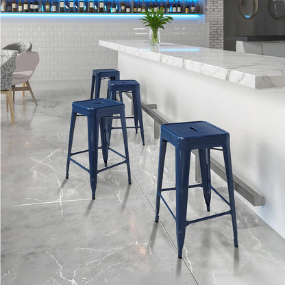 Sweetcrispy Metal Bar Stools Set of 8, 24 Inch Stackable Restaurant Classic Trattoria Metal Chairs, Backless Counter Height Barstool Chairs for Dining Room, Kitchen Island, Indoor Outdoor Use, Blue