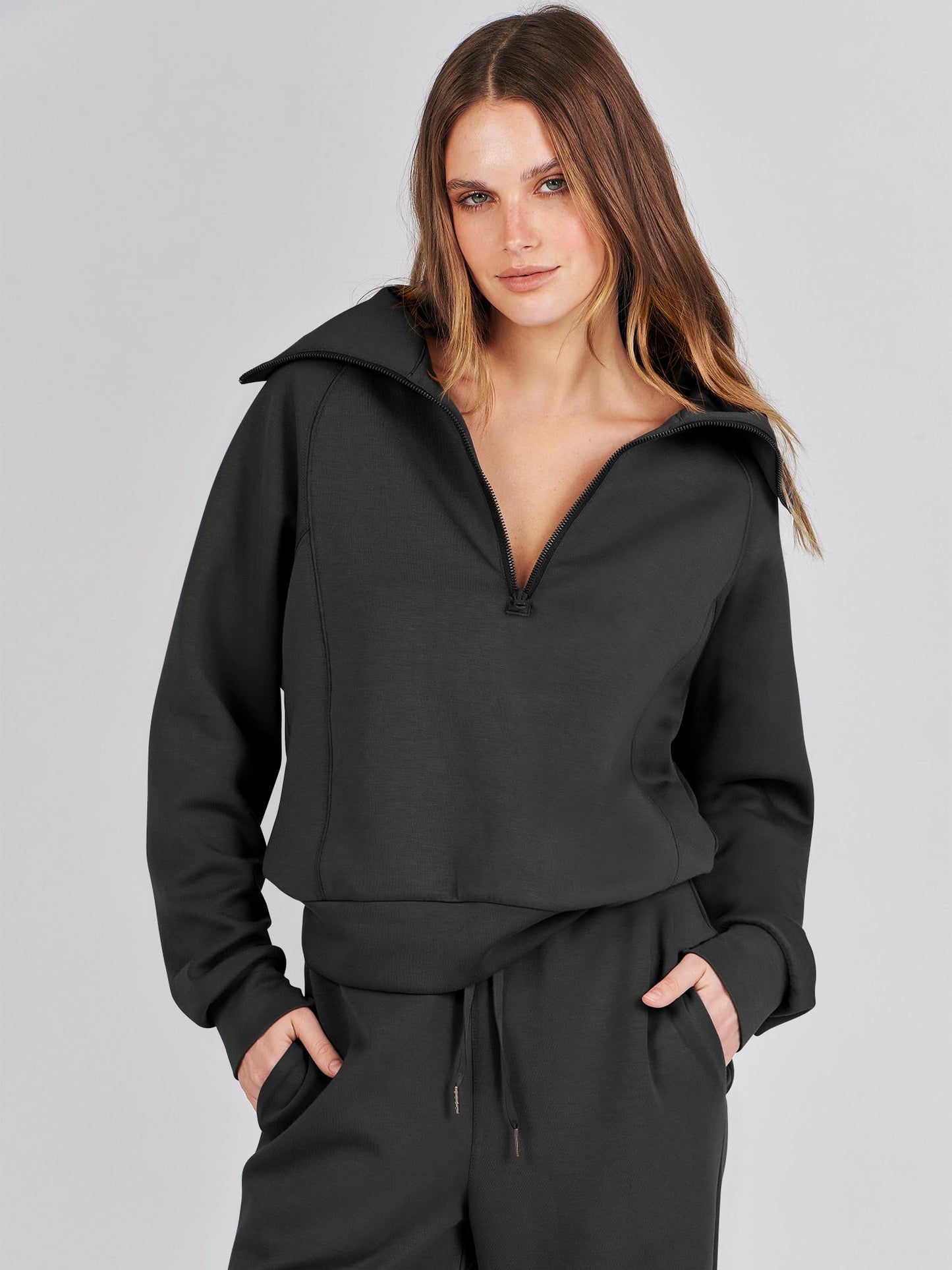 ANRABESS Women 2 Piece Outfits 2025 Fall Fashion Airport Wide Leg Pants Lounge Set Leisure Travel Vacation Clothes Sweatsuits Black Medium