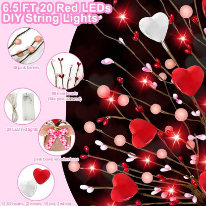 Valentines Day Decorations,Timer Lighted Valentine's Day Tree Tabletop with 20 Red Lights Battery Operated 16 Inch 12 Heart 48 Pink Berries Artificial Tree Valentine's Day Decor Home Party Wedding