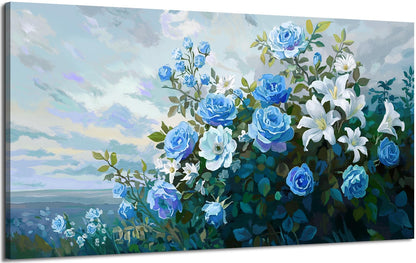 NiceTop 48x24 Inch Large Floral Canvas Wall Art, Waterproof Moisture Resistant Blue Rose White Lily Modern Botanical Artwork with Hanging Kit, Abstract Aesthetic Wrapped Canvas Print for Living Room, Bedroom, Bathroom, Boho Farmhouse Home Decor