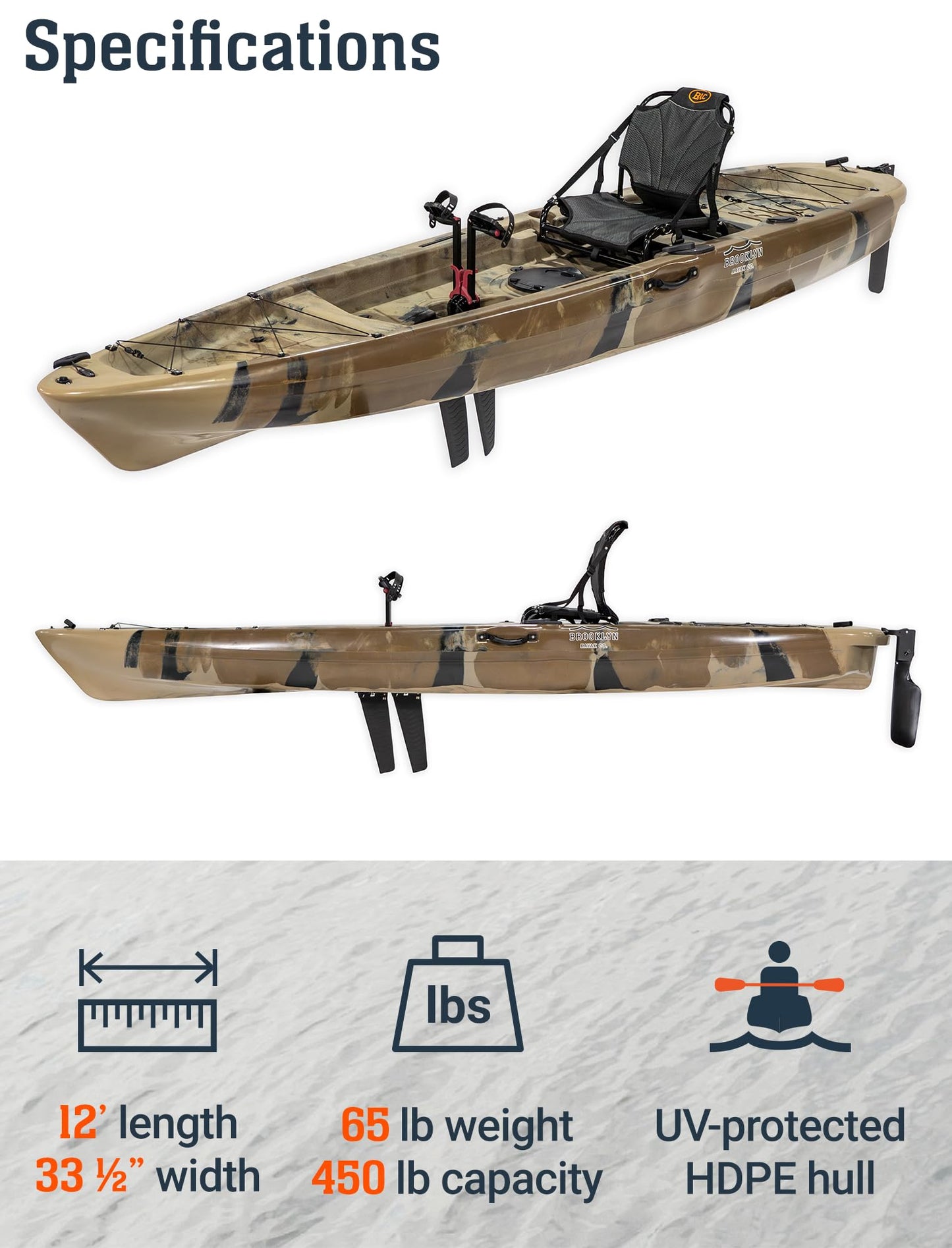 Upgraded Brooklyn 12.0 Single Pedal Kayak by BKC, Lightweight 12-Foot Sit-On-Top Pedal-Drive Kayak with Rudder, Stable Fishing & Touring Design, 440 lb Capacity, Storage Hatches