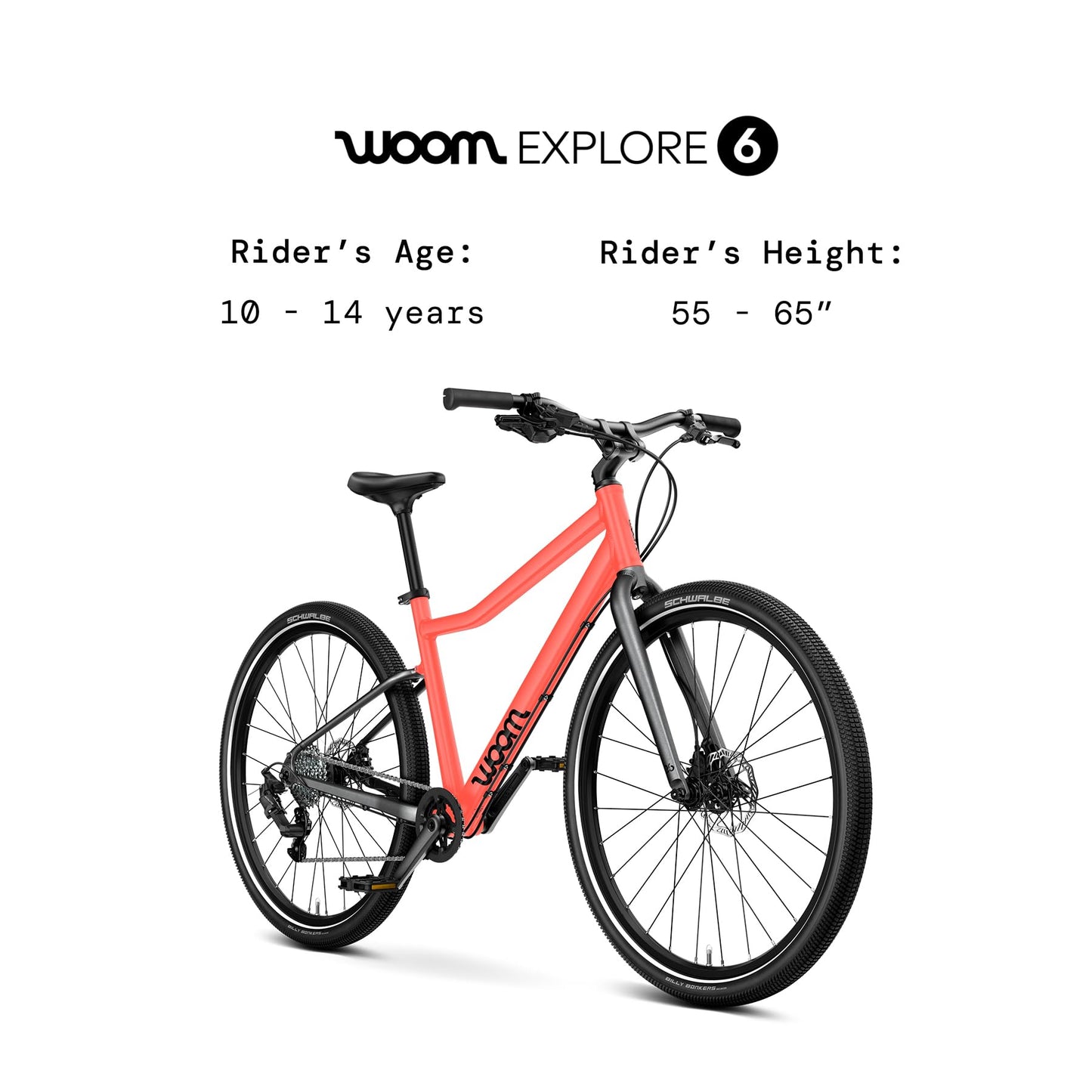 woom Explore 6 Bicycle for Kids & Teens 10 to 14 Years Old, 26-Inch Lightweight 8-Gear Road & Mountain Bike for Boys & Girls - Neon Coral