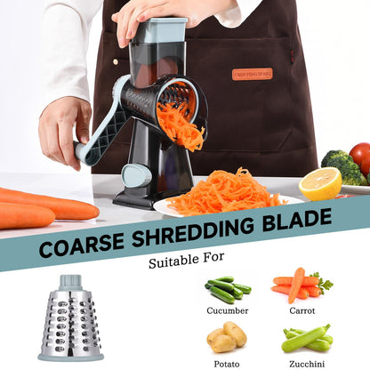 Rotary Cheese Grater with Handle Kitchen Shredder Slicer Grater Slicer Ice Shaver Cheese Vegetable Nuts Potato Zucchini Chocolate 3 Interchangeable Blades (GreyBlue