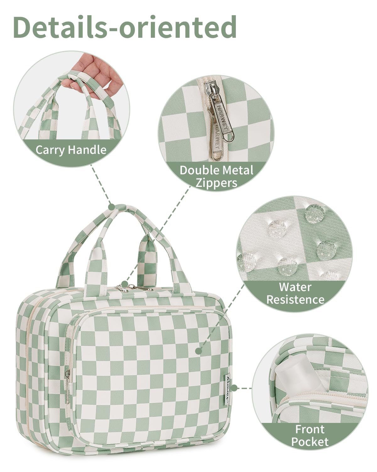 Narwey Hanging Toiletry Bag for Women Travel Checkered Makeup Bag Organizer Toiletries Bag for Travel Size Essentials Accessories Cosmetics (Mint Green Checkerboard (Medium))