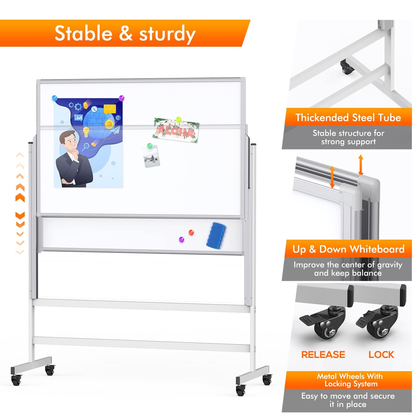 maxtek Dry Erase Whiteboard Height Adjustable, Easel Stand Rolling White Board on Wheels - 48 x 60 Large Mobile Dry Erase Board, 4' x 5' Double Sided Magnetic Whiteboard for School Office Home