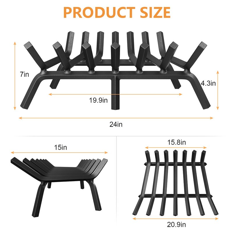 HYTXEN Fireplace Grate 24 Inch, Fireplace Grates Heavy Duty Cast Iron Solid Steel 7 Bars Fire Pit Grate with 6 Support Legs, Fireplace Log Grate Outdoor Indoor Wrought Iron Wood Burning Rack