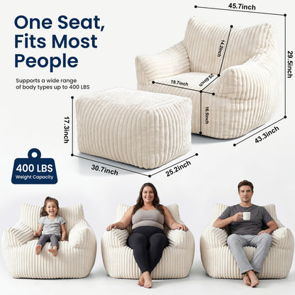 Giant Bean Bag Chair with Footstool for Adults, Fluffy Boneless Lounge Sofa Chair, Superior Large Reading Floor Sofa Bed, Oversized Accent Comfy Couch for Living Room, Bedroom (Beige, with Ottoman)