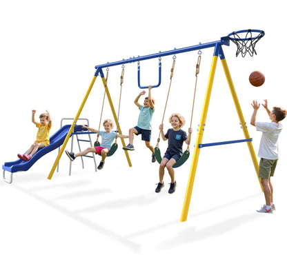 SMkidsport Heavy-Duty 5-in-1 Metal Swing Set for Backyard, Outdoor Playset for Kids 3-12 with Slide, 2 Swings, Basketball Hoop & Gymnastic Rings, Easy Assembly