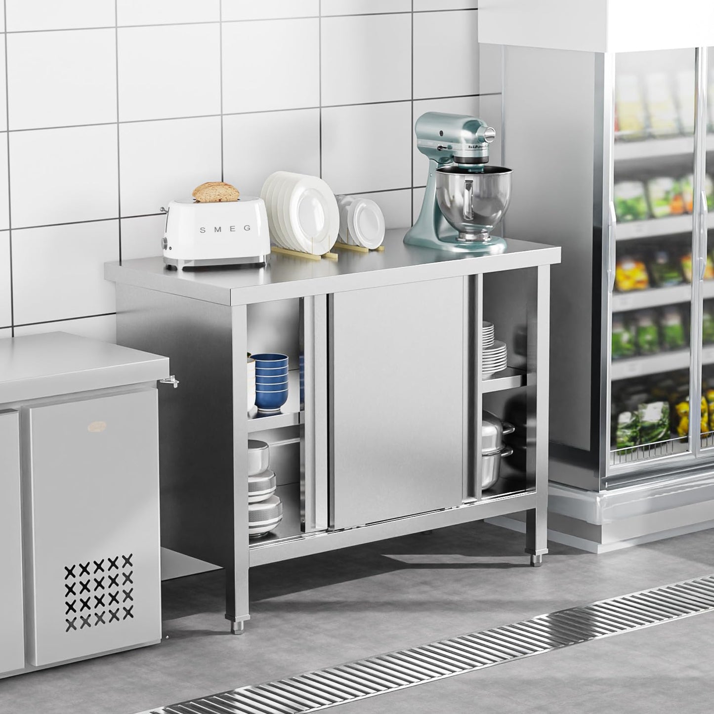 ROVSUN Stainless Steel Table with Cabinet 39 x 19 inches, NSF Commercial Heavy Duty Kitchen Table for Prep & Work, Kitchen Cabinet with 2 Sliding Doors for Restaurant, Home, Hotel, Garage, Laundry