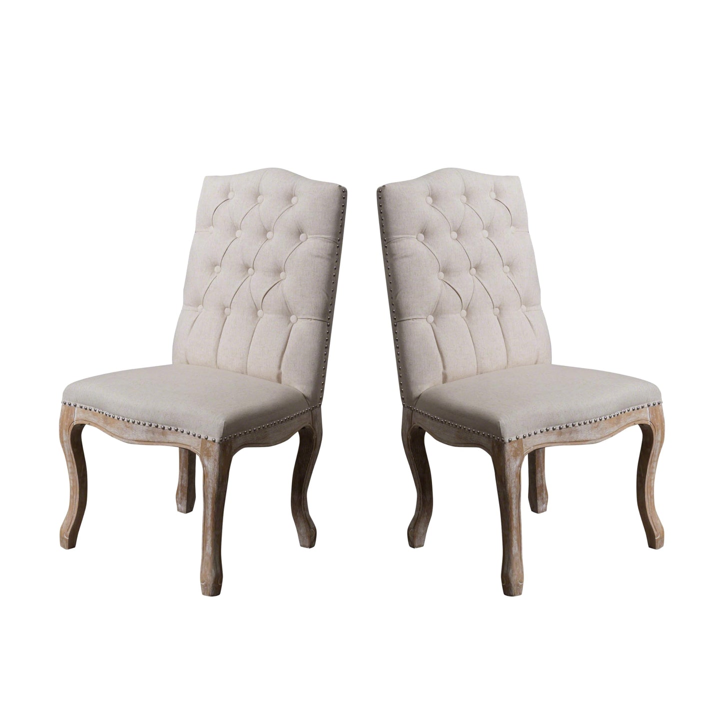 Christopher Knight Home Jolie Tufted Fabric Weathered Hardwood Dining Chairs, 2-Pcs Set, Beige