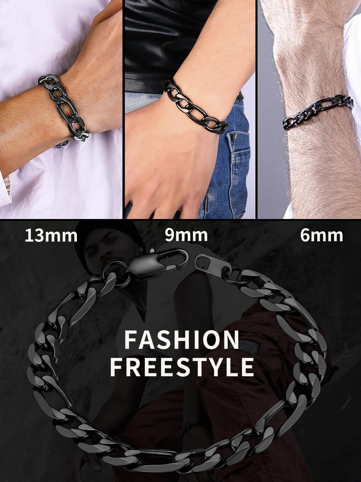 ChainsHouse Black Steel Bracelet Men and Womens 9mm 8.3/'' Punk Hip Hop Jewelry Stainless Steel Figaro Bracelets'' }
