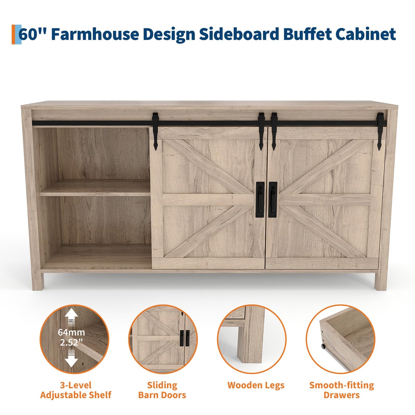 IDEALHOUSE 60" Farmhouse Sideboard Buffet with Storage Drawer & Sliding Barn Doors | Rustic Wood Coffee Bar Cabinet | Multi-Functional for Dining Room Kitchen, As TV Stand & Console Table