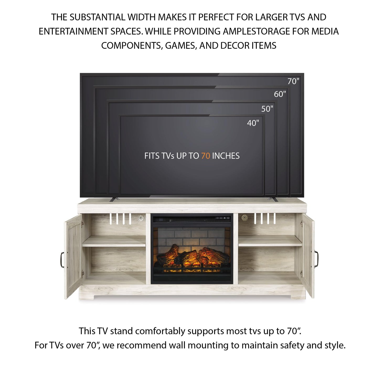 Signature Design by Ashley Bellaby Farmhouse 63" TV Stand with Electric Fireplace for TVs up to 72", Whitewash