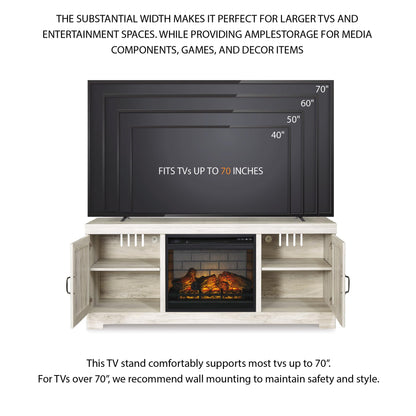 Signature Design by Ashley Bellaby Farmhouse 63" TV Stand with Electric Fireplace for TVs up to 72", Whitewash