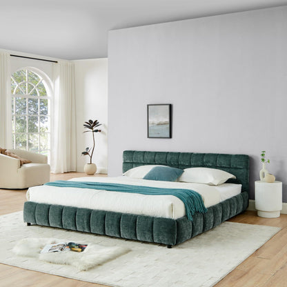 KEIKI King Thick Chenille Bed Frame with 4 Storage Drawer & Upholstered Tufted Headboard, Modern Solid Wood Floor Platform for Bedroom, No Box Spring Needed