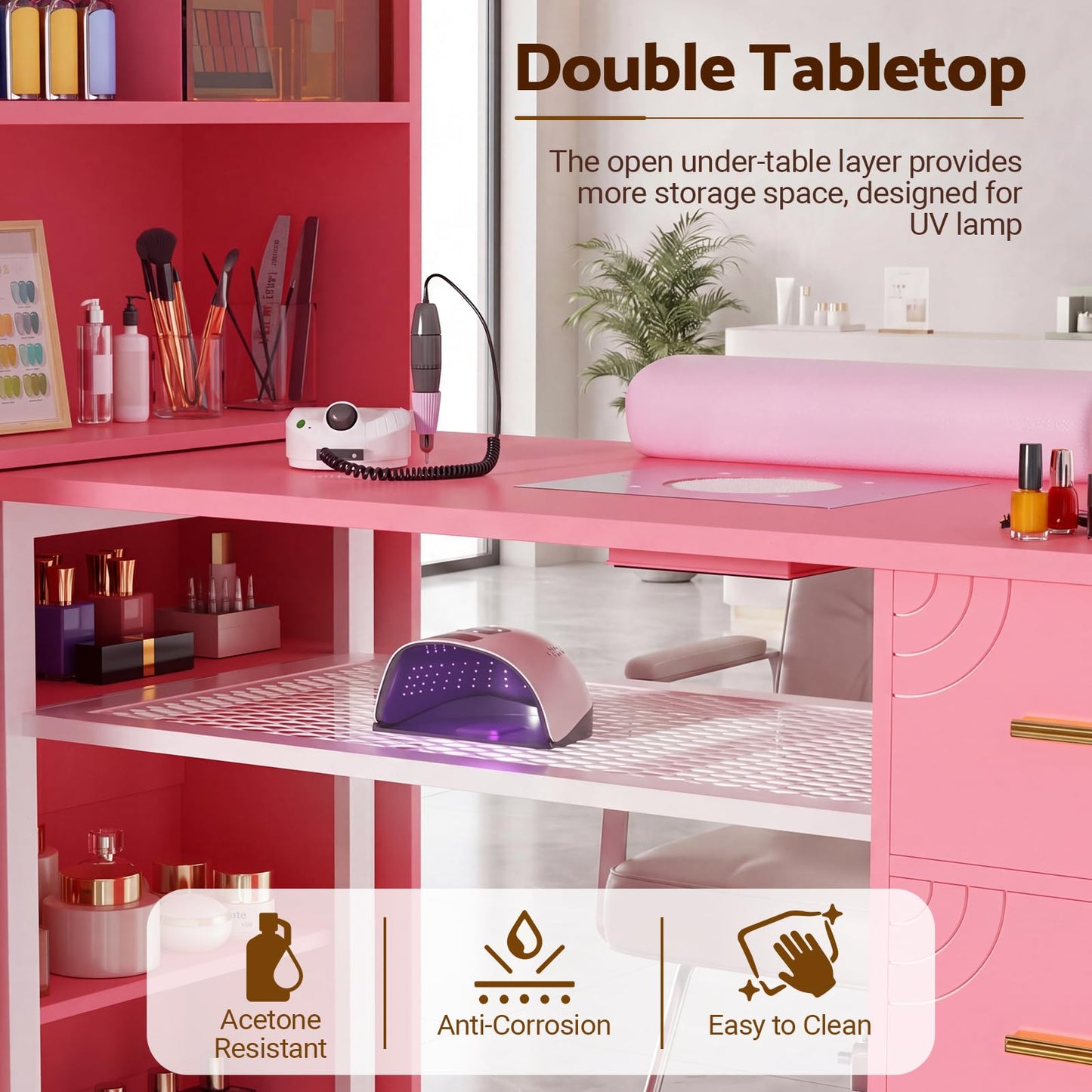Mobile Manicure Table with Dust Collector, Double Tabletop Nail Desk for Technician, Nail Station w/Display Shelves, 3 Adjustable Layers, Drawers, Cabinets, Sliding Door & LED Light Strip, Pink