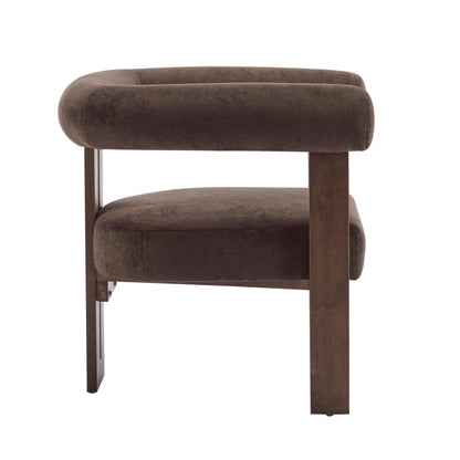Christopher Knight Home Rones Modern Velvet Upholstered Accent Chair, Wooden Living Room Club Chair with Curved Backrest, Minimalist Bedroom Comfy Reading Chair, Thick Padded Seat, Dark Brown+Walnut