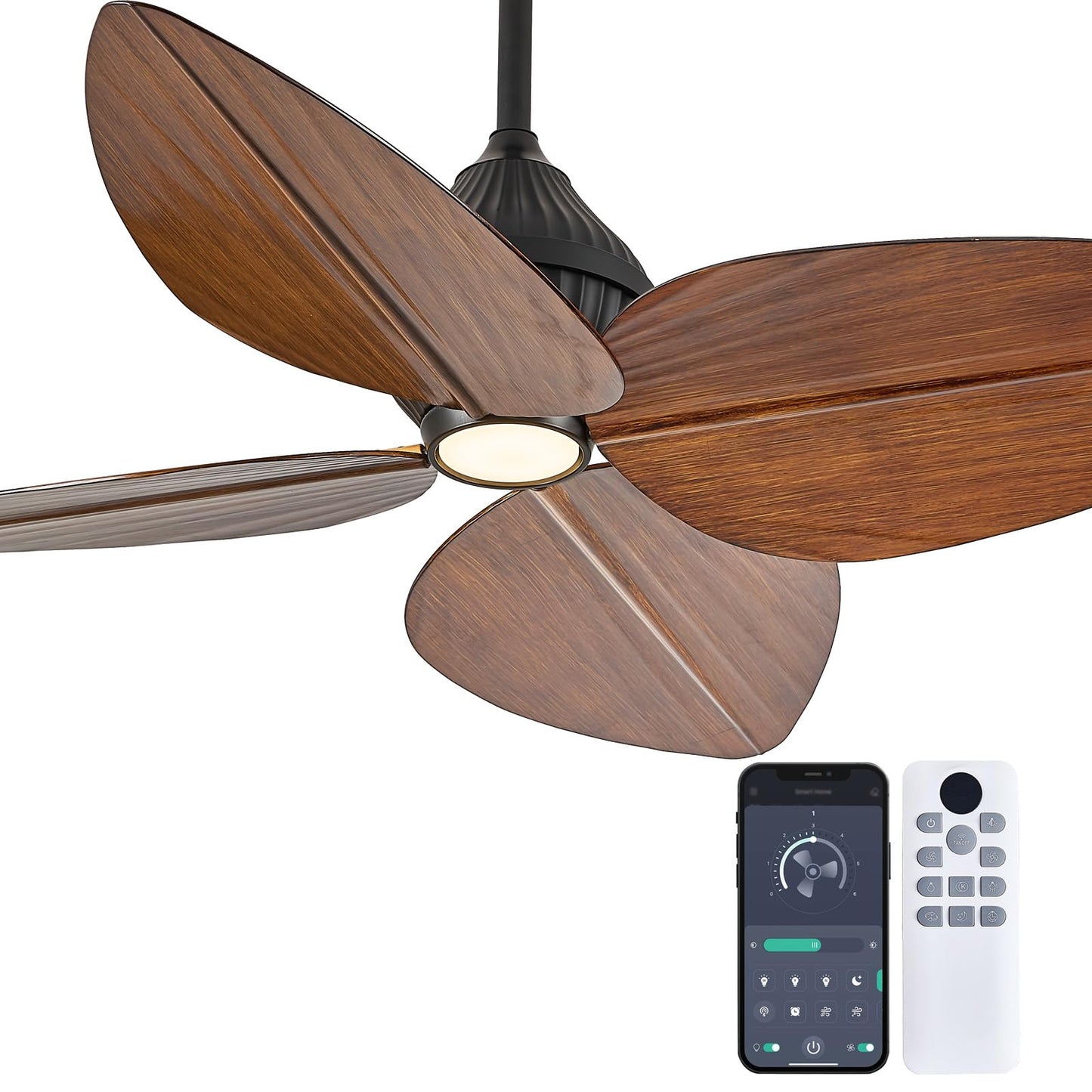 Fanyank 52“ Leaf Ceiling Fan with Light, Remote and App Control, 6 Speed Reversible, 3 Color Dimmable, Tropical Coastal Fandelier Ceiling Fans, for Bedroom, Living Room (Dark Brown)