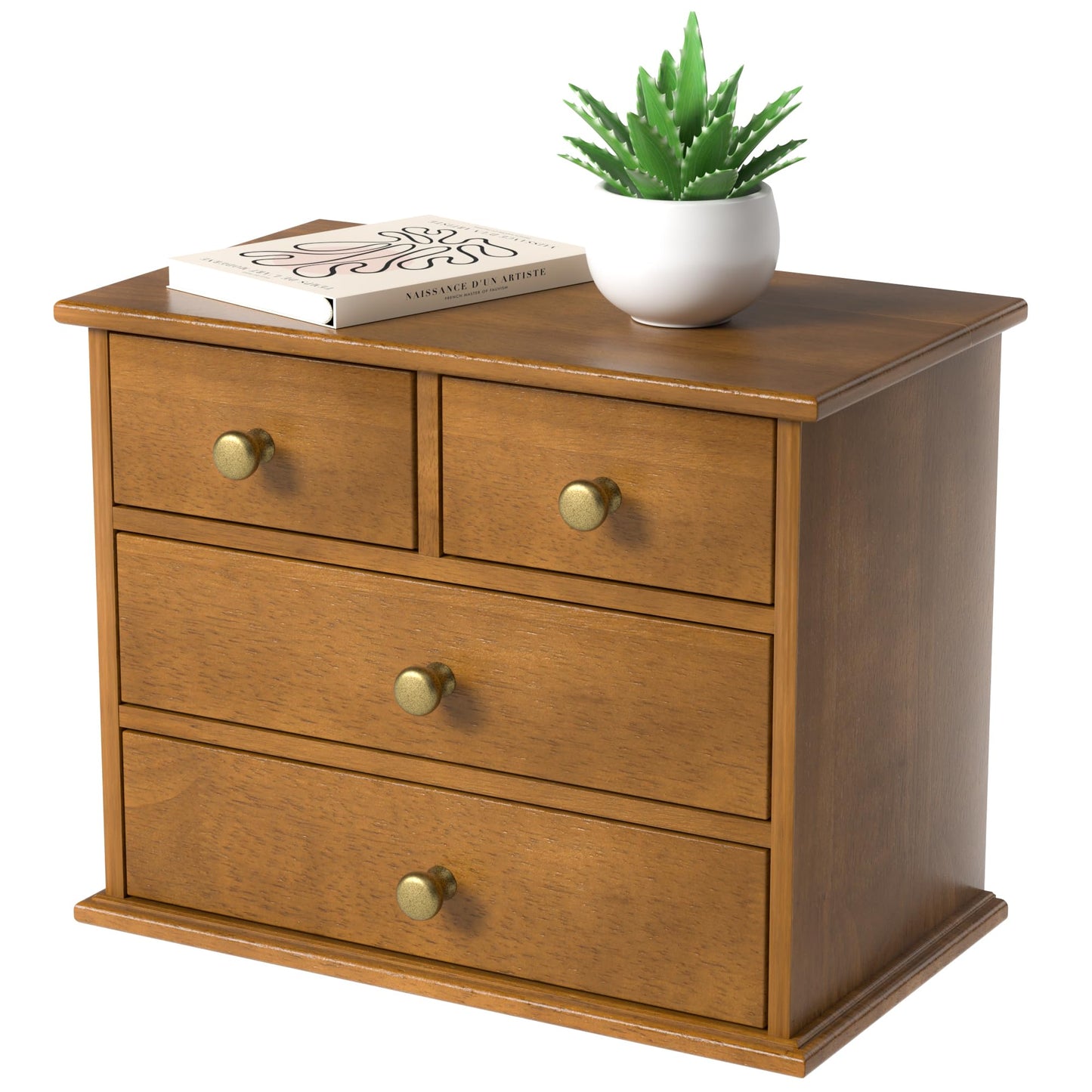 Oak Desk Organizer with Drawers, Durable Wooden Desktop Storage Box with Metal Handles & Non-Slip Silicone Pads, 4 Drawer Tabletop Organizer for Office, Bedroom, Bathroom, Vanity, and Makeup – Walnut