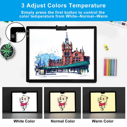 A3 LED Light Pad with Carry Bag, TOHETO Wireless Rechargeable Light Board with Stand and Top Magnetic Clip 3 Colors Stepless Dimmable 6 Levels Brightness Light Box for Diamond Painting Weeding Vinyl