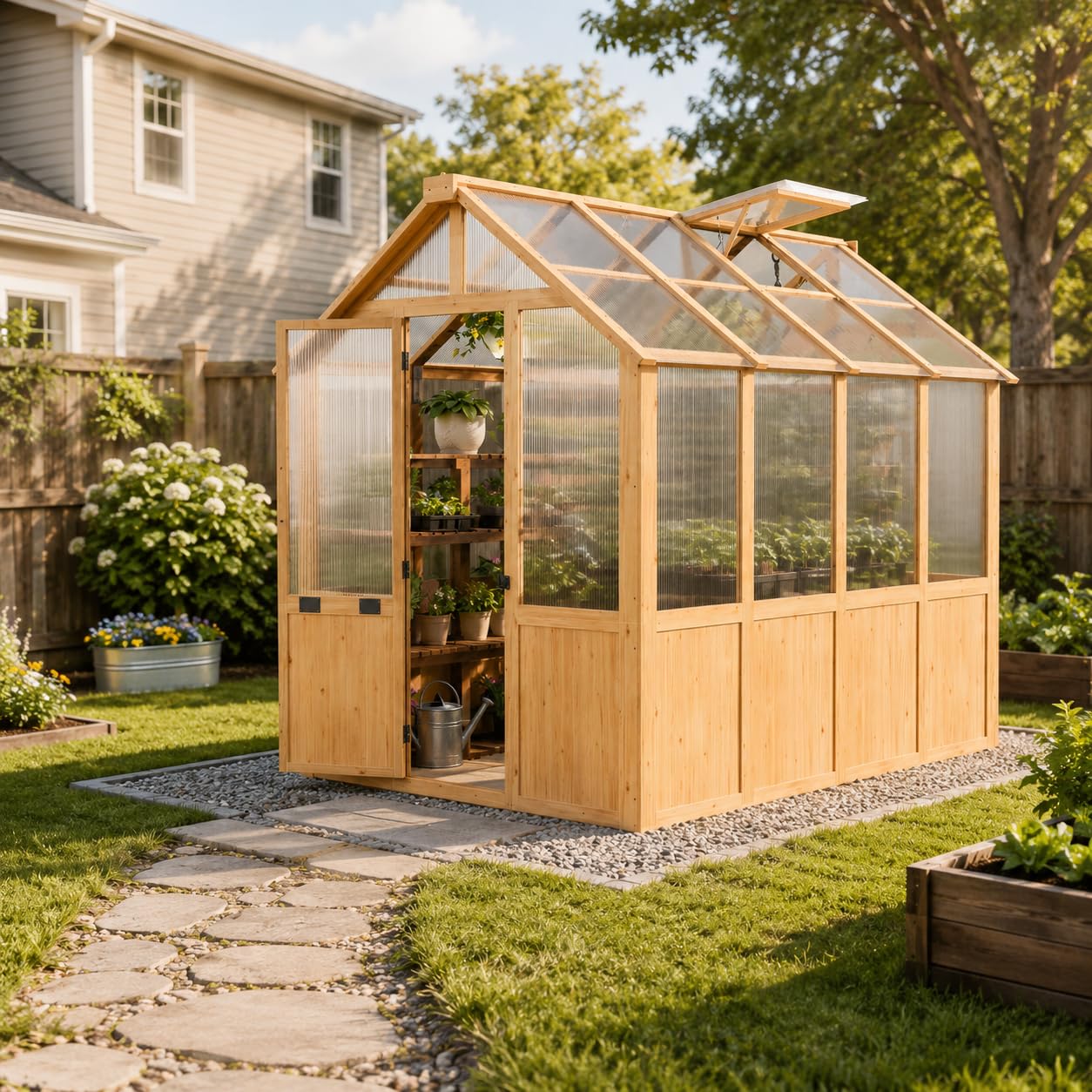 EROMMY 6x8 FT Wooden Greenhouse for Outdoors, Walk-in Greenhouse Kit with 4mm Polycarbonate Panels, Adjustable Roof Vent, Lockable Door, Outdoor Greenhouse for Backyard Garden