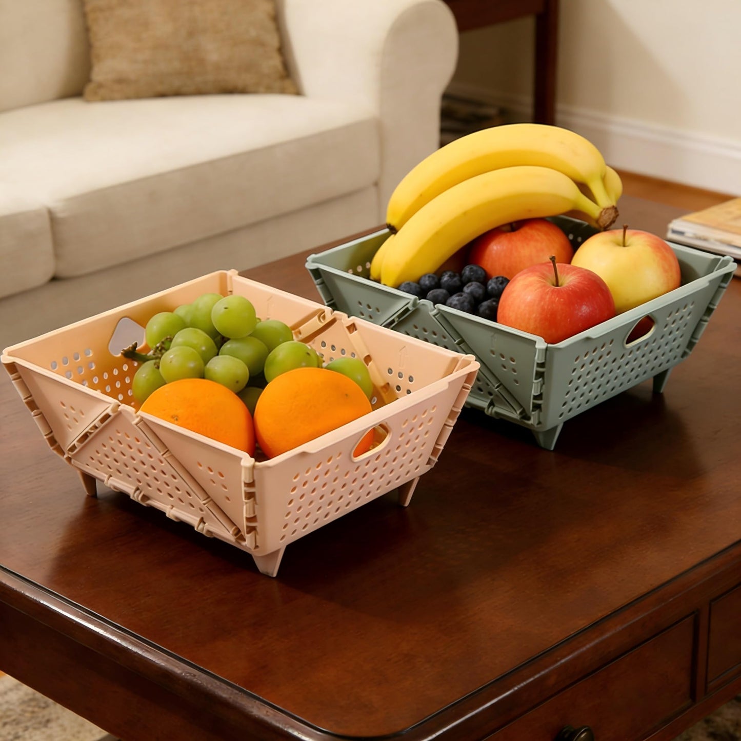 2 Pcs Collapsible Colander Strainer, Multipurpose Drain Basket for Fruit Storage, Mini Foldable Picnic Basket for Kitchen, Travel, RV, Car, Space-Saving Fruit Drain Basket for Food Organizing