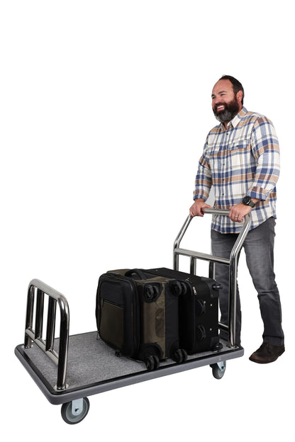 Wholesale Hotel Products Stainless Steel Utility Cart – 750lb Capacity – Dolly Cart w/ 5” Wheels & Grey Carpet, for Hotel, Resorts, Condos, Commercial Use (Value Valet Series)