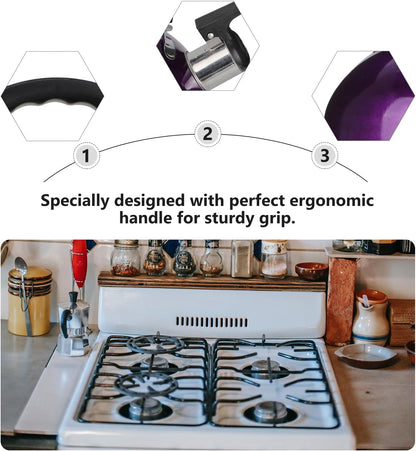 Tea Kettle for Stove Top: Purple Whistling Teapot, 3 Quart Stainless Steel Heating Water Container with Handle