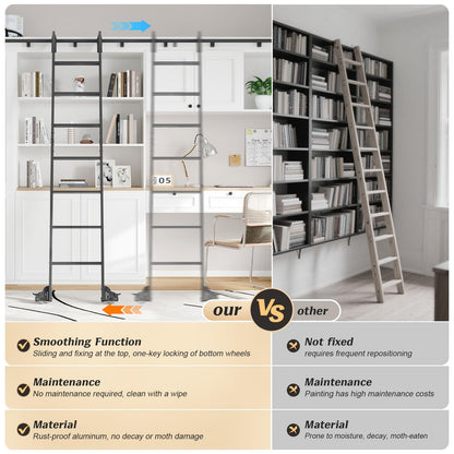Fredbeck 9FT Rolling Library Aluminium Step Ladder 108" with 4FT Sliding Hardware Track Kit Bottom Wheel Included,for Kitchen,Loft,Warehouses,Bookstore,Atti,Dressing Room,Metal Black
