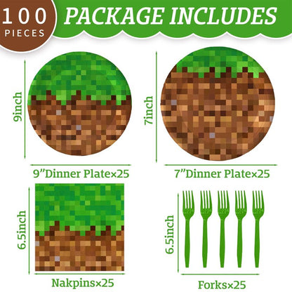 100Pcs Pixel Party Decorations Gamer Party Supplies for 25 Guests- Pixel Mining Craft Theme Disposable Birthday Party Tableware Pack Includes Plates, Napkins, Plastic Forks