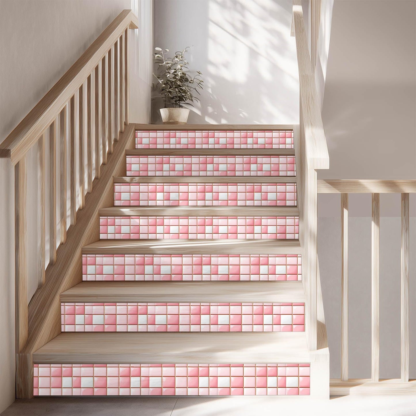 IVN Wallpaper Border Peel and Stick Decorative Wall Trim Self Adhesive Pink White Glossy Mosaic Pattern Accent Strip for Bathroom Laundry Room Pool Area Mirror Frame Shelf Wall Edge 4x196 Inch