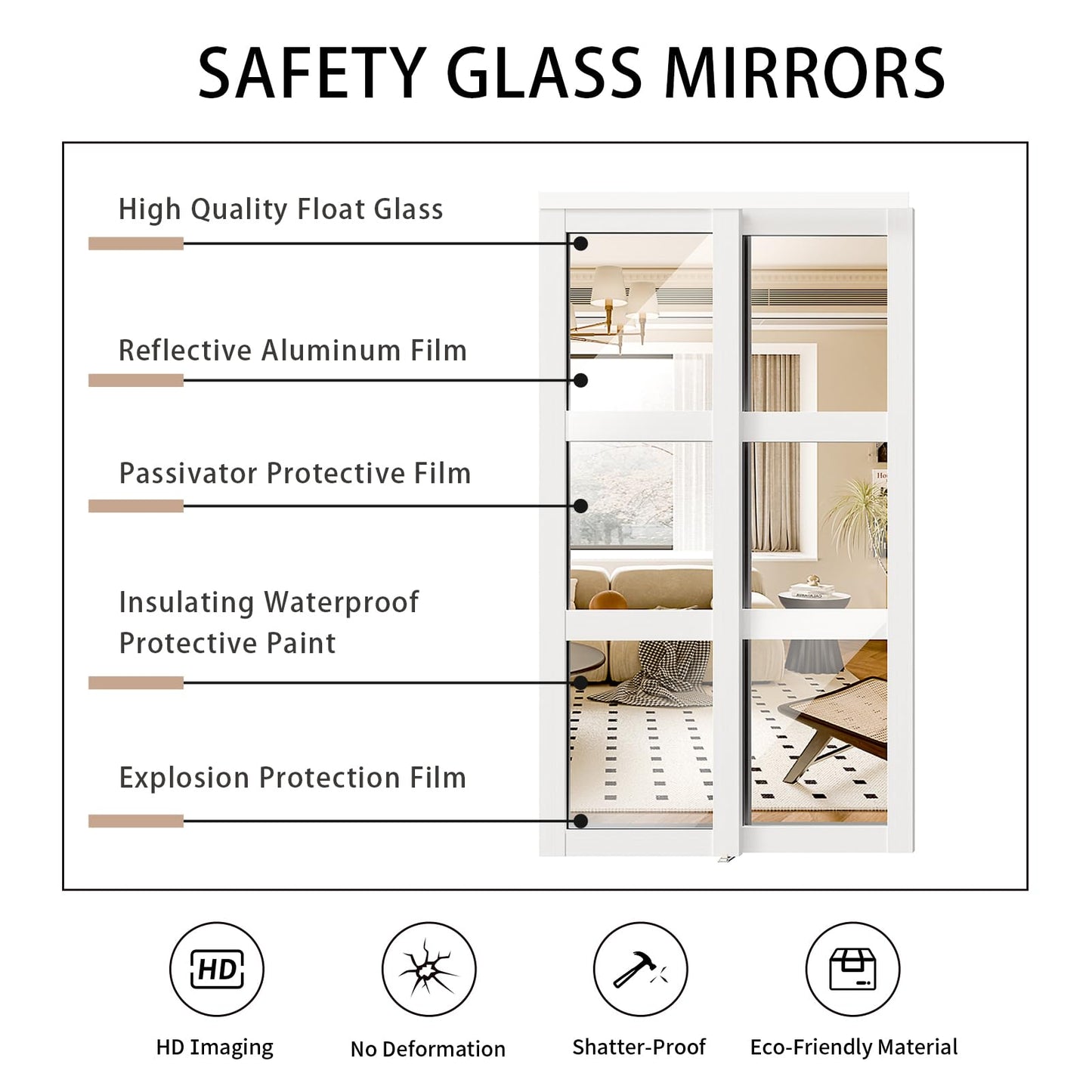 SOLRIG Mirror Closet Doors, Sliding Closet Doors for 60in (30.98in x 2) x 80in Openings, 3-Lite Mirror Design, Includes Hardware Track Kit and Floor Guide, Pre-Drilled for Easy Assembly, MDF, White