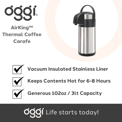 OGGI Airking 102oz Stainless Steel Thermal Coffee Carafe- Vacuum Container w/Lever Action Pump, Insulated Coffee Carafe, Thermos Carafe, Hot Beverage Dispenser, Catering Supplies, 3 Liters