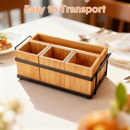 Silverware Caddy Wood Utensil Holder 4-in-1 Bamboo Utensil Caddy with Removable Divider Portable Kitchen & Dining Organizer for Forks, Napkins, Plates, BBQ, Picnic, Camping Countertop Organizing