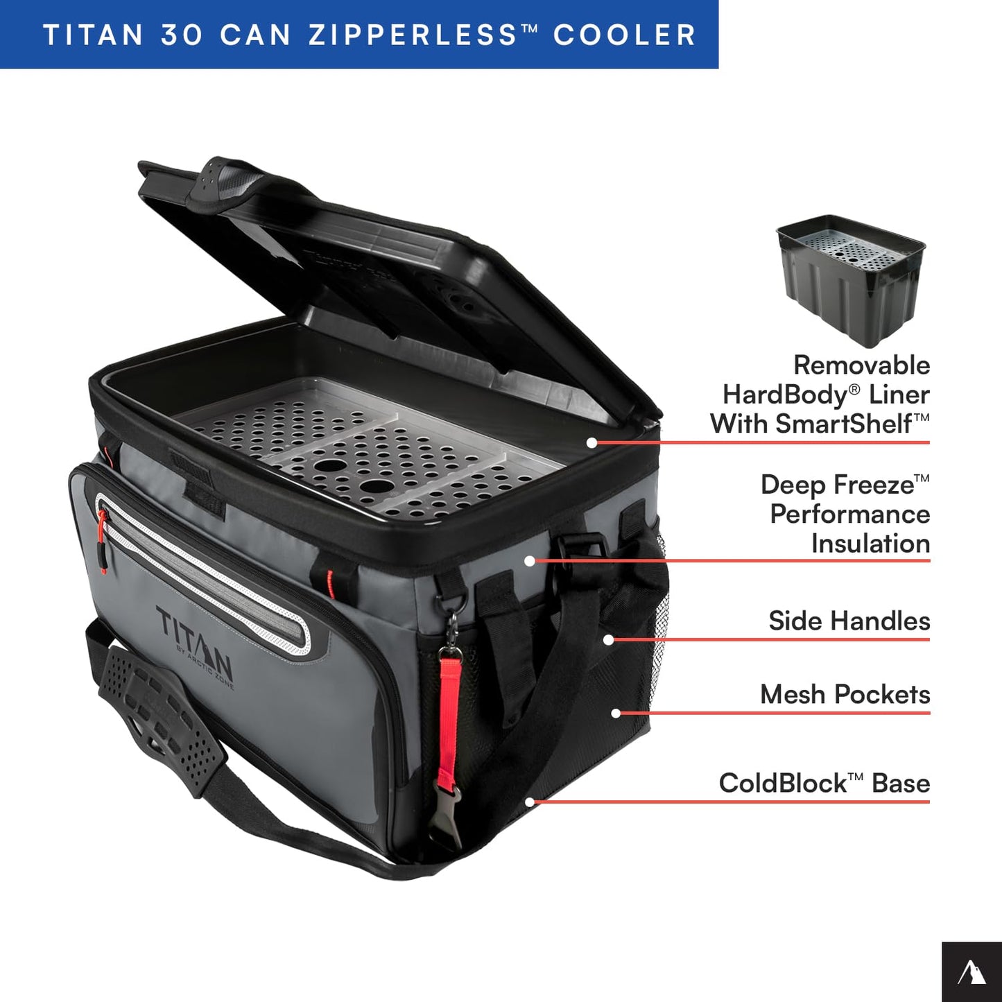 Titan by Arctic Zone Zipperless Soft Sided Cooler with HardBody Liner and SmartShelf, Insulated Bag with Shoulder Strap and Bottle Opener for Beach, Picnic, and Travel, 30 Can Capacity, Sharkskin Gray