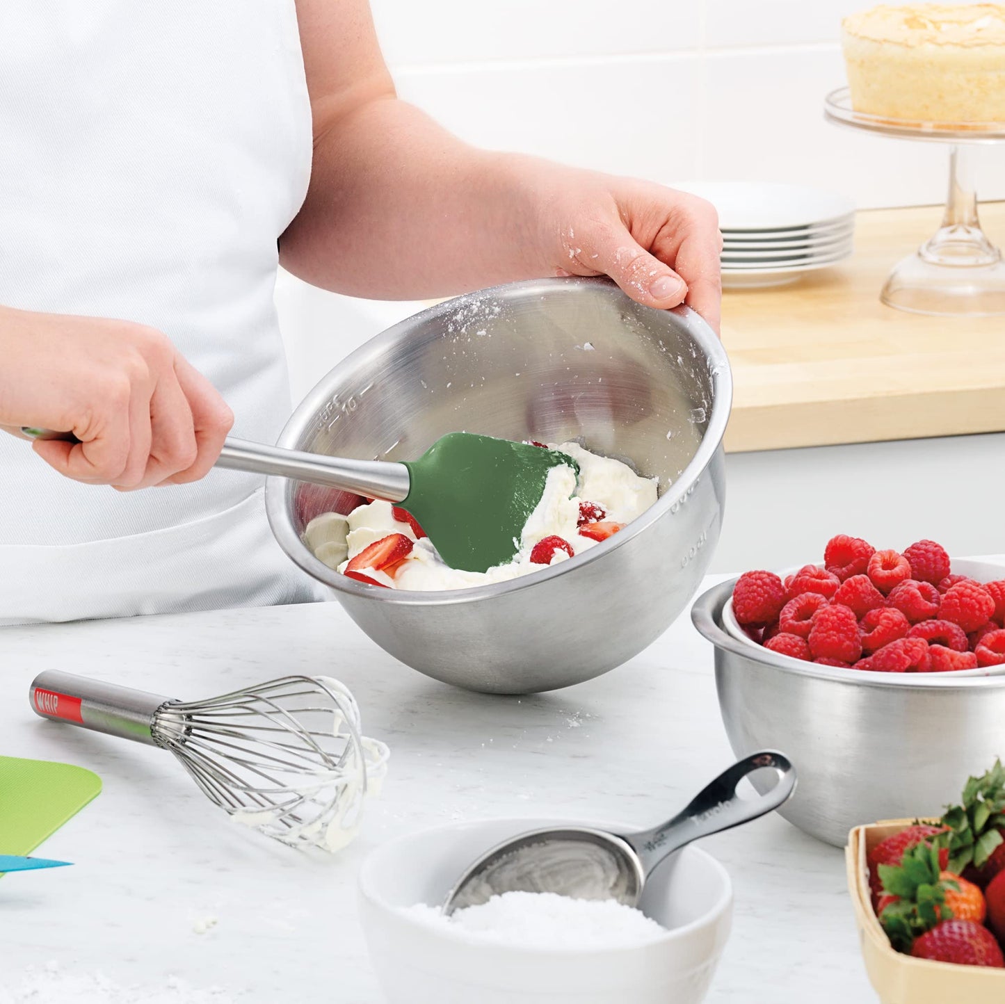 Tovolo Silicone Cooking Utensil Set of 6 Stainless Steel Handle Ladle Slotted Turner Tongs Flex Core Spatula Scraper Mixing Spoon & Potato Masher, Dishwasher Safe BPA Free Utensils, Pesto Green