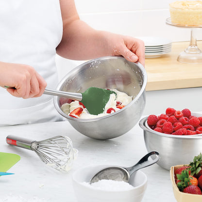 Tovolo Silicone Cooking Utensil Set of 6 Stainless Steel Handle Ladle Slotted Turner Tongs Flex Core Spatula Scraper Mixing Spoon & Potato Masher, Dishwasher Safe BPA Free Utensils, Pesto Green