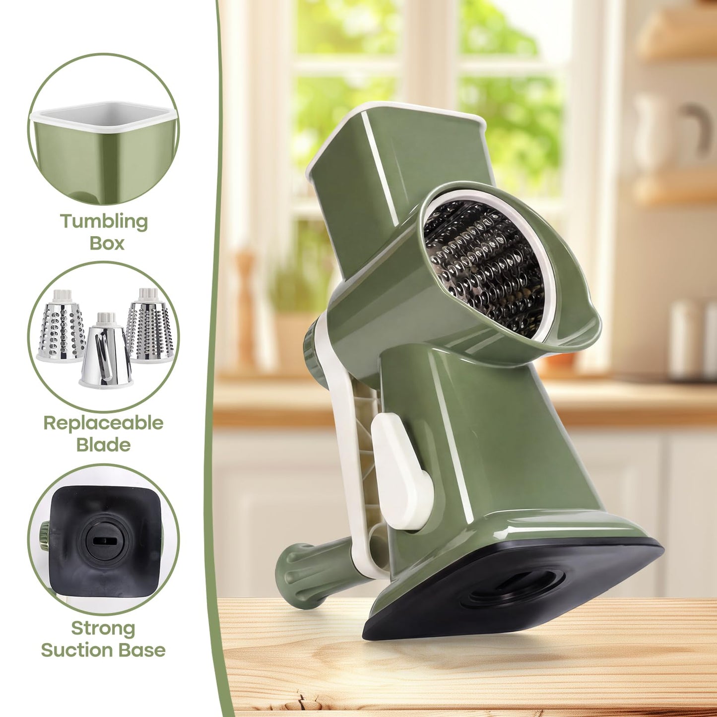 Grovix Rotary Cheese Grater,Cheese Shredder Hand Crank, Manual Cheese Grater for Veggies, 3-Blade Grater, Home Kitchen Appliances and Kitchen Gadgets