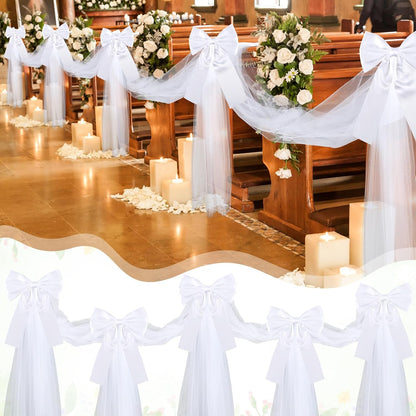 Skiennix Large White Wedding Pew Bows - 12 Pcs Satin Bows with Tulle Aisle Decor | 15.7 x 7.9 in