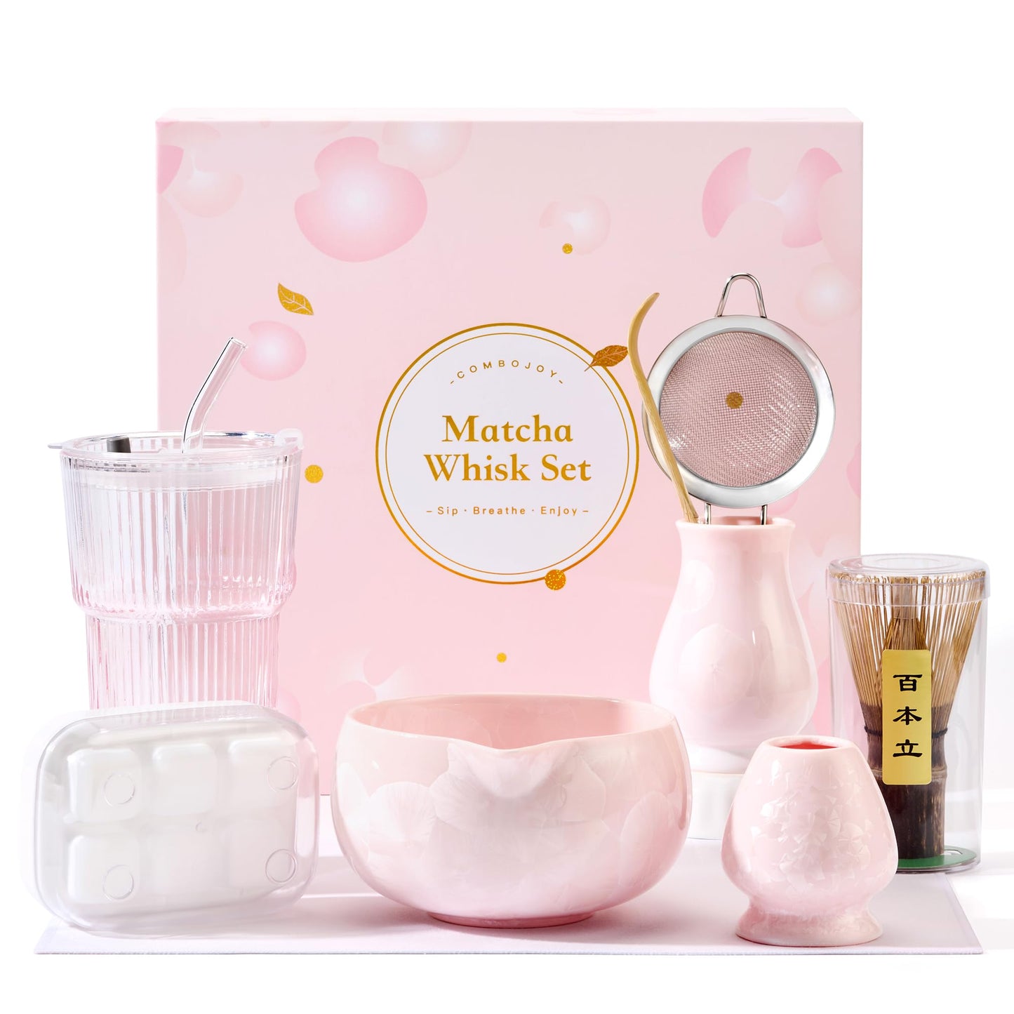 ComboJoy Matcha Whisk Set – Crystalline Glaze Bowl, Bamboo Whisk & Holder, Scoop & Sifter with Holder, Cup with Lid & Straw, Ice Cube Tray & Tea Towel – Pink Matcha Gift Set for Women, Women Gifts