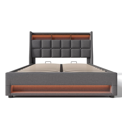 DNYN Full Size Upholstered Lift Up Storage Bed with Stylish Headboard & Linen Fabric & USB Ports Design,Solid Wood Platform Bedframe w/Hydraulic System,No Box Spring Need & Super Save Space, Gray