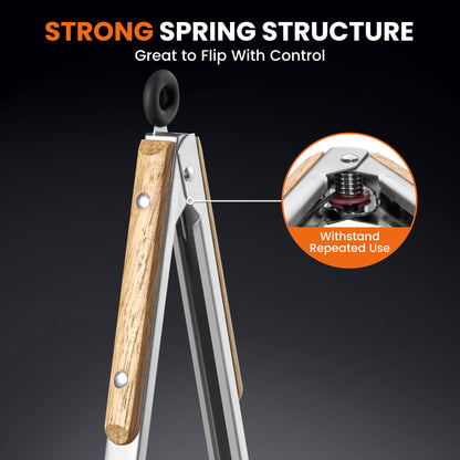 17-Inch Grill Tongs - Locking Metal Tongs with Oak Wood Handles,Stainless Steel Kitchen Tongs for Cooking,Long Tongs for Grilling,BBQ,Serving and Outdoor Barbecue,Heavy Duty,Heat-Resistant and Durable
