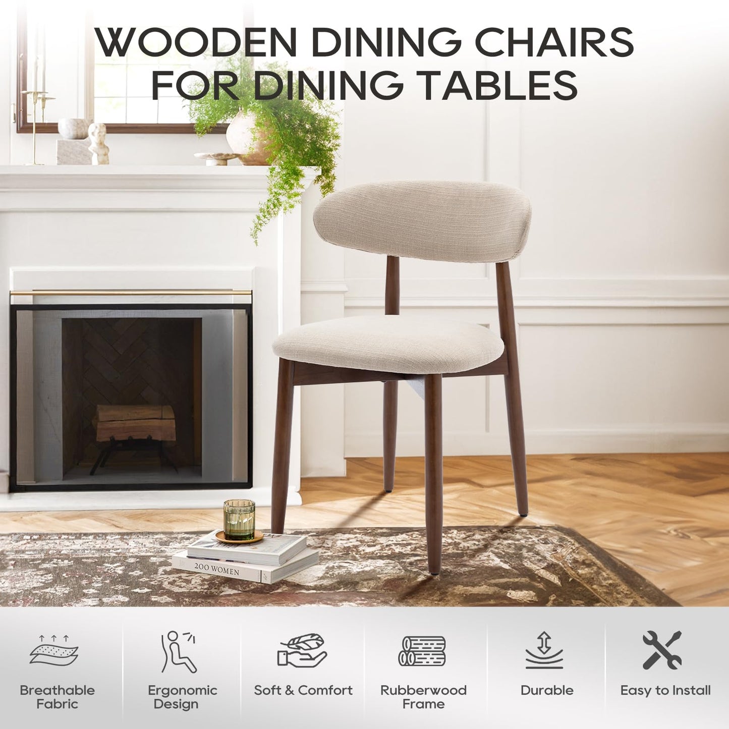 COLAMY Wooden Dining Chairs Set of 6, Modern Upholstered Fabric Dining Room Chair, Farmhouse Kitchen Side Chairs with Foot Pegs, Beige