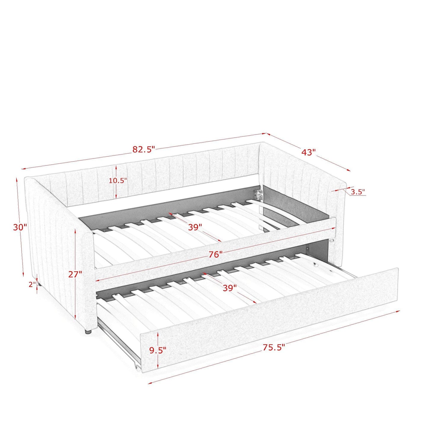 KEIKI Twin Size Upholstery Daybed with Erectable Trundle and Vertical Stripes, Twin to King Design Extendable Linen Sofa Bed, Easy Assembly, No Box Spring Required, for Living Room and Bedroom, Grey