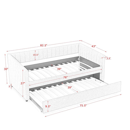 KEIKI Twin Size Upholstery Daybed with Erectable Trundle and Vertical Stripes, Twin to King Design Extendable Linen Sofa Bed, Easy Assembly, No Box Spring Required, for Living Room and Bedroom, Grey